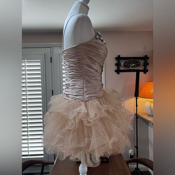 Sherri Hill Beaded Tulle Mini Dress Nude Taupe Rhinestone Corset Size 8 Glam - Picture 3 of 16